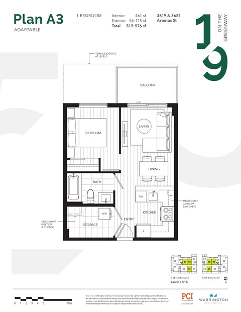Floor plan for 1 bed, 1 bath, 461 sqft
